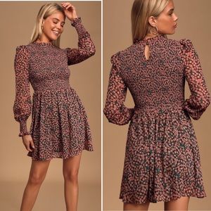 Lulu’s Floral Print Smocked Skater Dress in Pink and Green Size Large